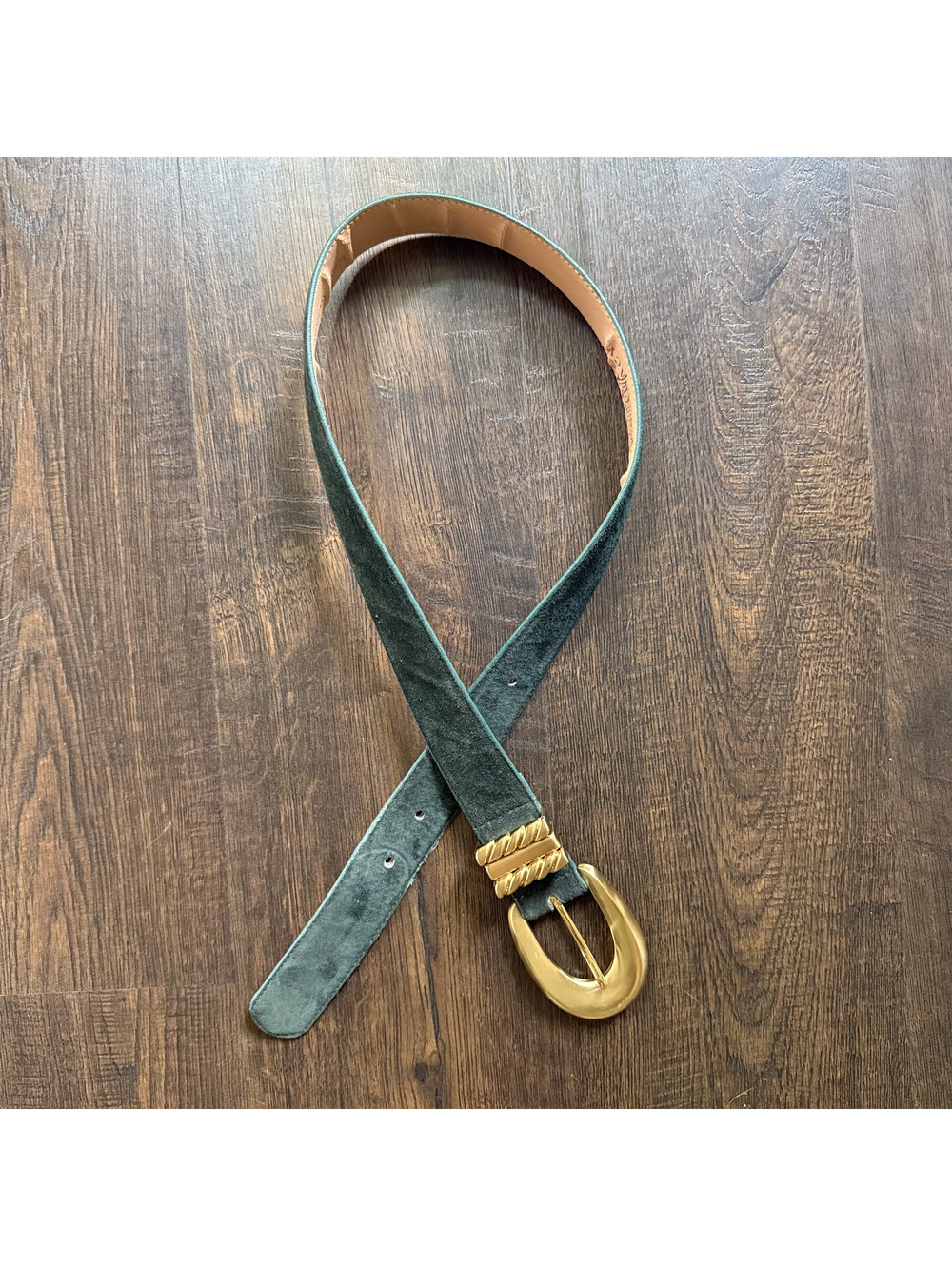 Vintage 90s Linda Allard Ellen Tracy Green Suede Gold Buckle Belt Medium